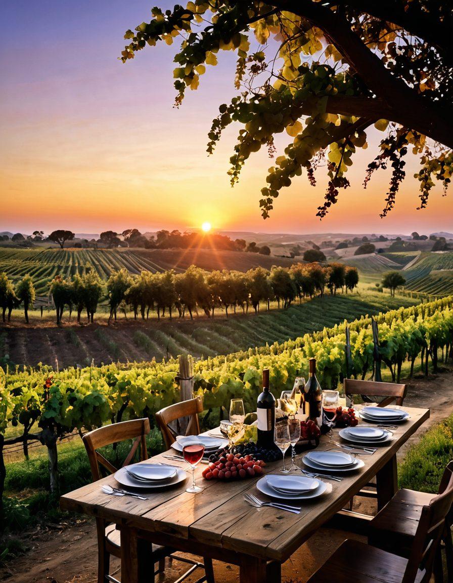 A picturesque vineyard landscape at sunset, with lush grapevines laden with ripe grapes in the foreground, and a cheerful gathering of people toasting with glasses of wine. Include a rustic wooden table adorned with wine bottles and festive decorations, reflecting the joy of celebration and camaraderie. Soft, warm lighting to evoke a sense of warmth and happiness. vibrant colors. super-realistic.