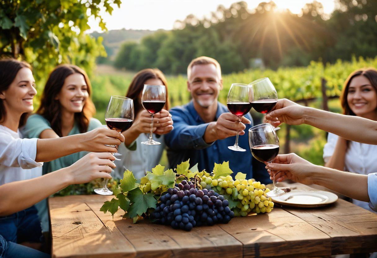 A picturesque vineyard during golden hour, with a rustic wooden table set for a wine tasting, featuring elegant glasses and a bottle of red wine uncorked. In the background, sun-kissed grapes hang from lush green vines, while soft bokeh lights twinkle above. A joyful group of diverse friends raises their glasses in a toast, surrounded by laughter and cheerful expressions. Artistic flair with warm tones, conveying a sense of celebration and happiness. super-realistic. vibrant colors.