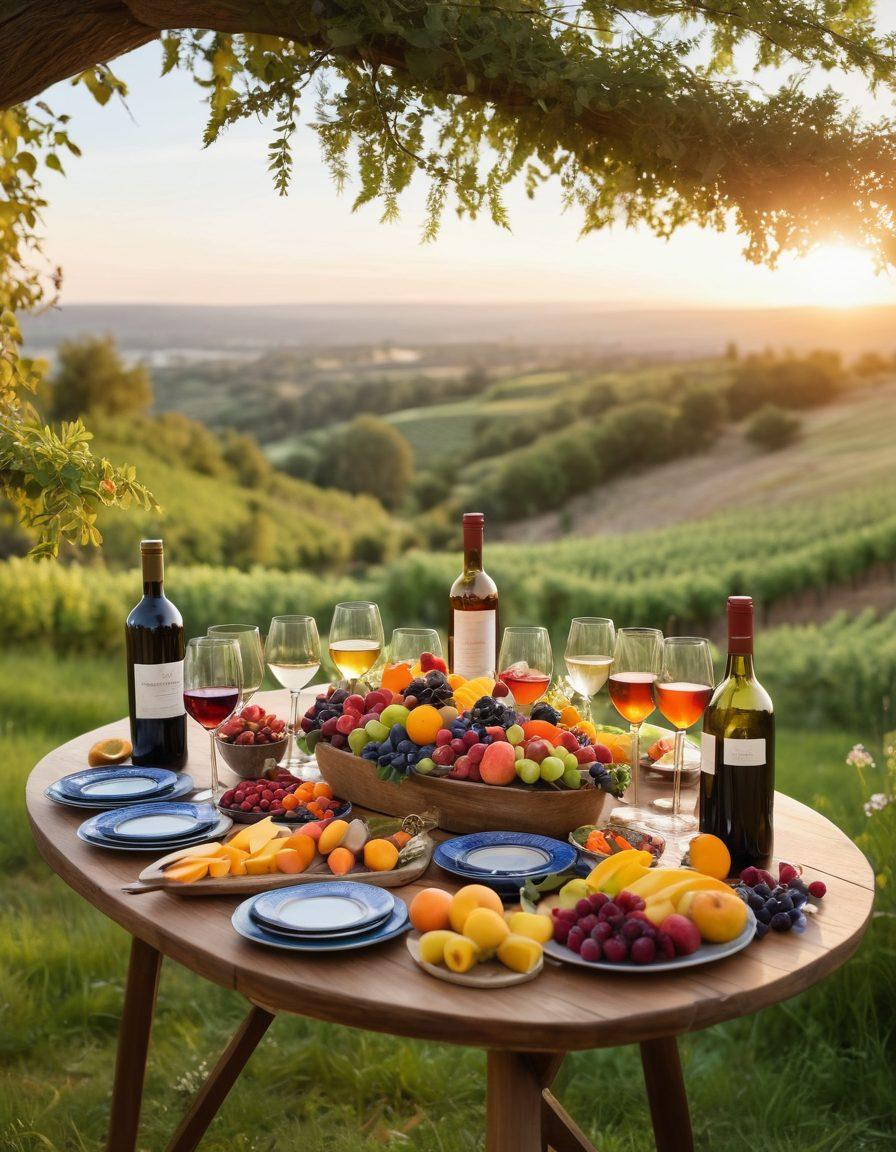 A beautifully arranged wine tasting table outdoors, featuring an assortment of colorful wine bottles and elegant glasses filled with varied wines, surrounded by fresh fruit, cheese platters, and vibrant wildflowers. A sunset in the background illuminates the scene, evoking a joyful atmosphere. Include smiling people toasting with glasses, embodying the spirit of celebration and adventure. super-realistic. vibrant colors. outdoor setting.